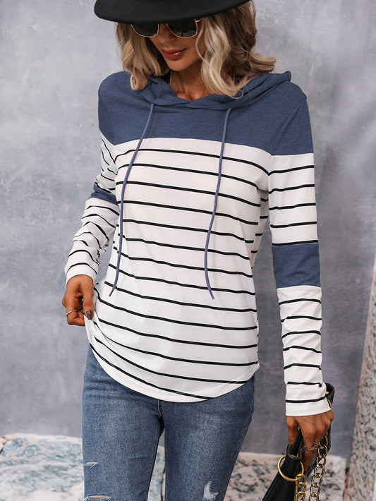 Chic and Cozy: Striped Color Block Drawstring Hoodie for Casual Spring & Fall Style