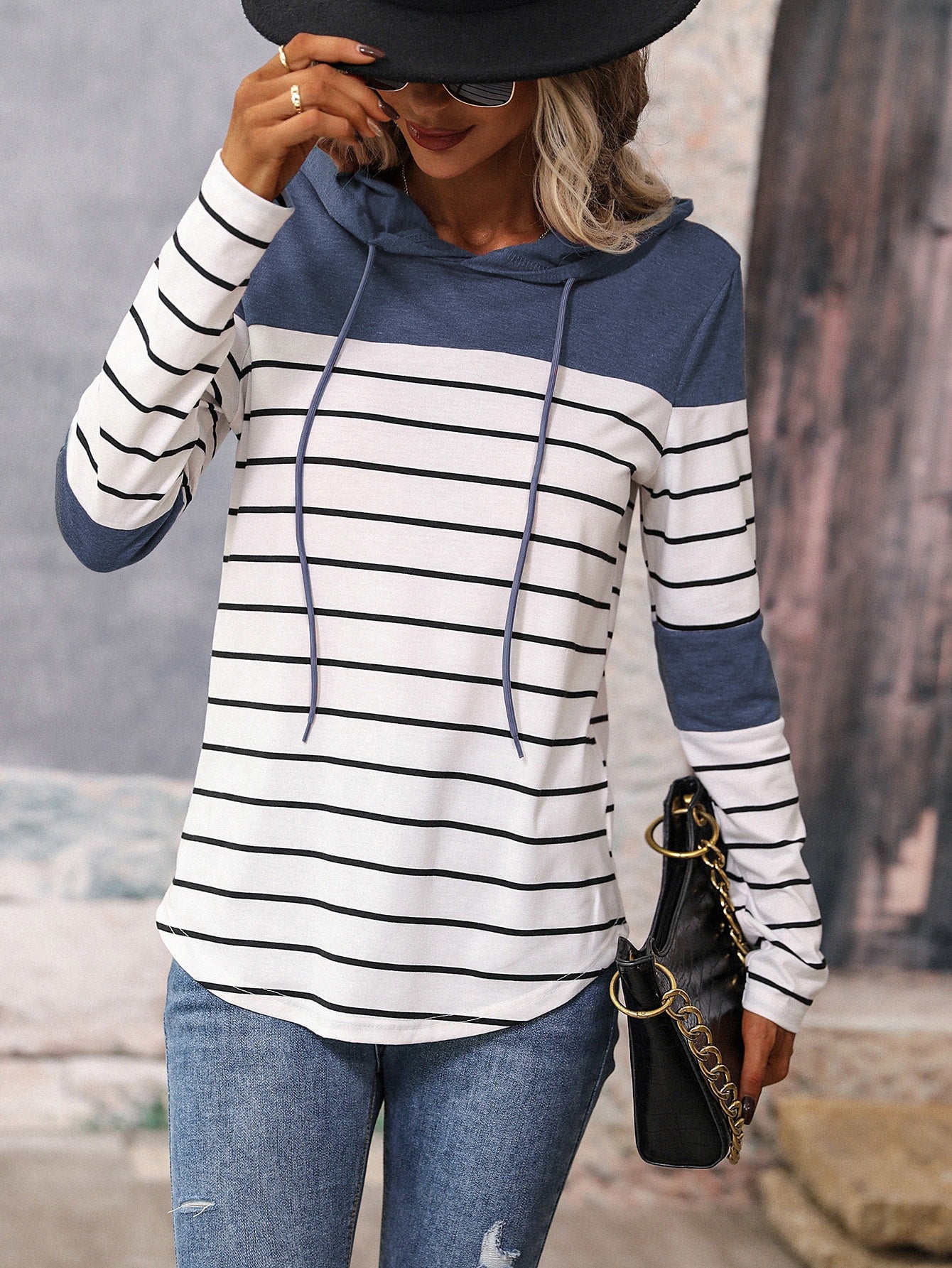 Chic and Cozy: Striped Color Block Drawstring Hoodie for Casual Spring & Fall Style