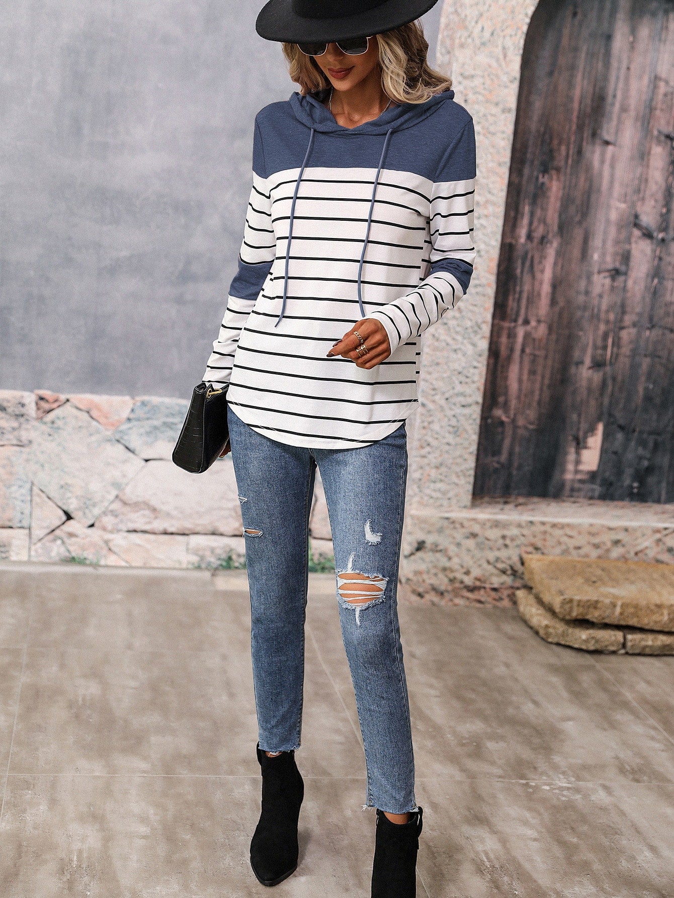 Chic and Cozy: Striped Color Block Drawstring Hoodie for Casual Spring & Fall Style