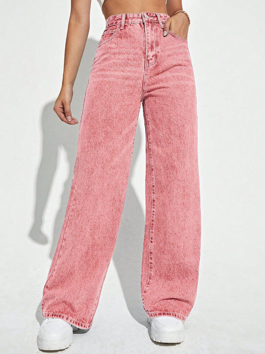 Chic Solid High-Waist Wide Leg Jeans with Slant Pockets for Effortless Style