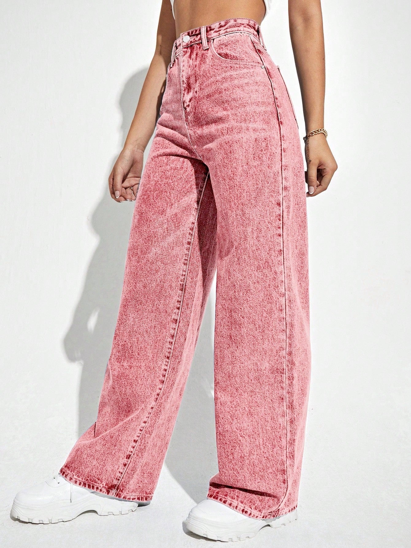 Chic Solid High-Waist Wide Leg Jeans with Slant Pockets for Effortless Style