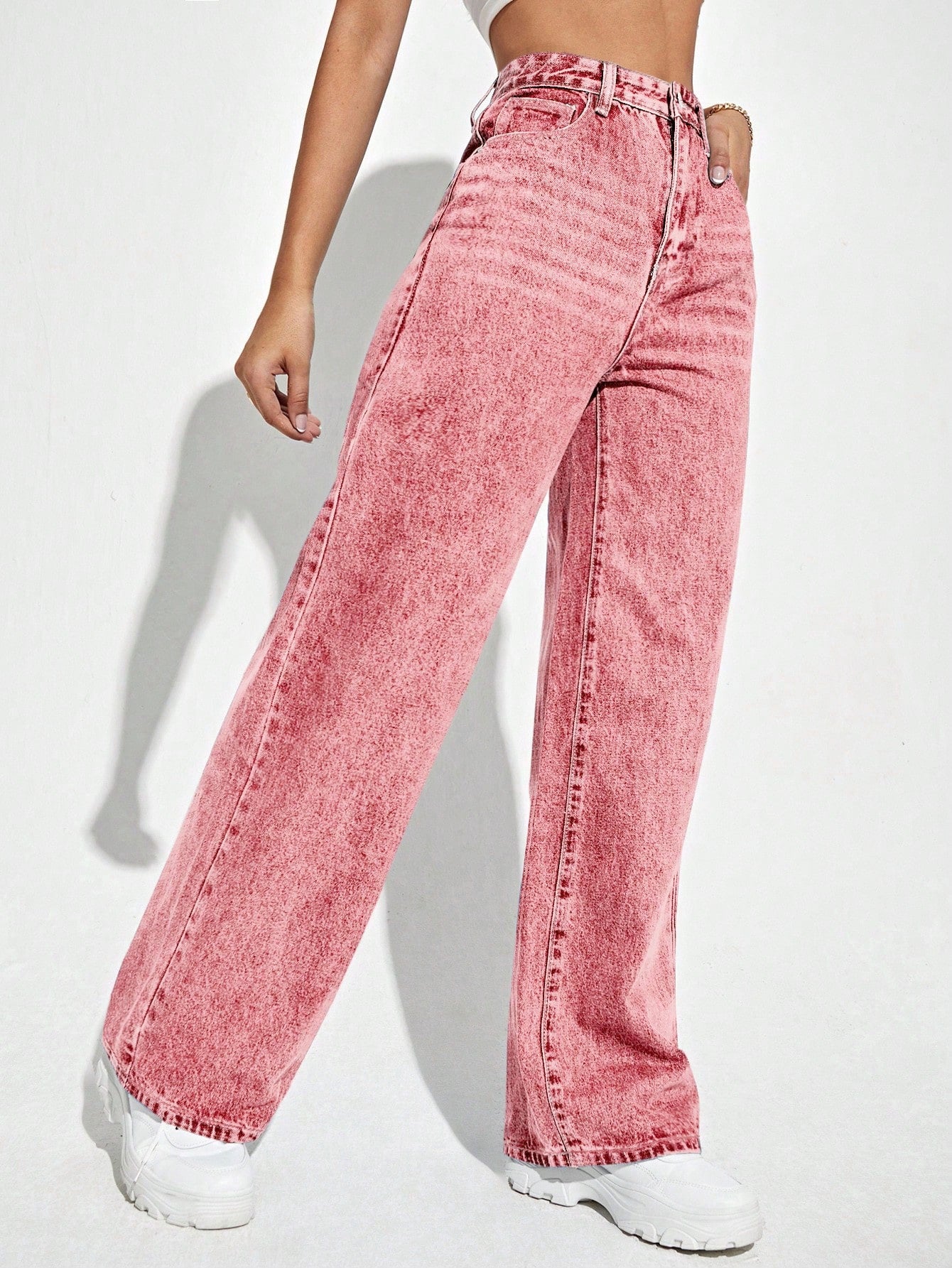 Chic Solid High-Waist Wide Leg Jeans with Slant Pockets for Effortless Style