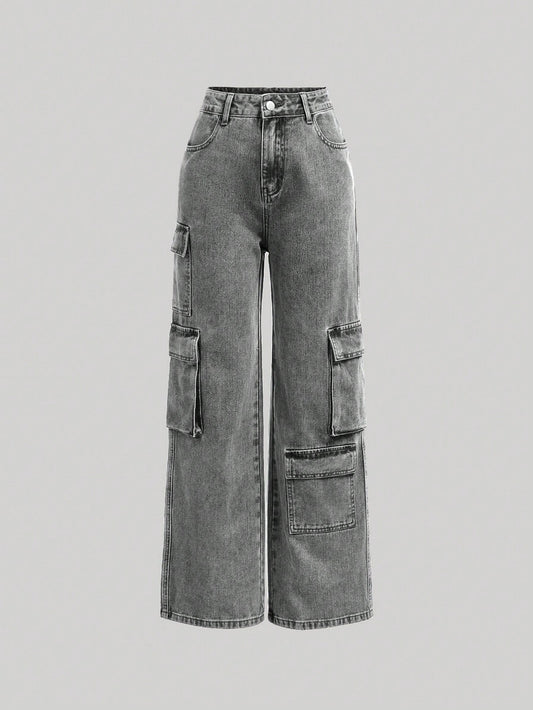 Trendy Cargo-Style Denim Trousers for Teenage Girls with Functional Pockets