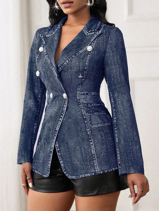 Chic Double-Breasted Blazer with Gun Collar & Adjustable Waist Drawstring