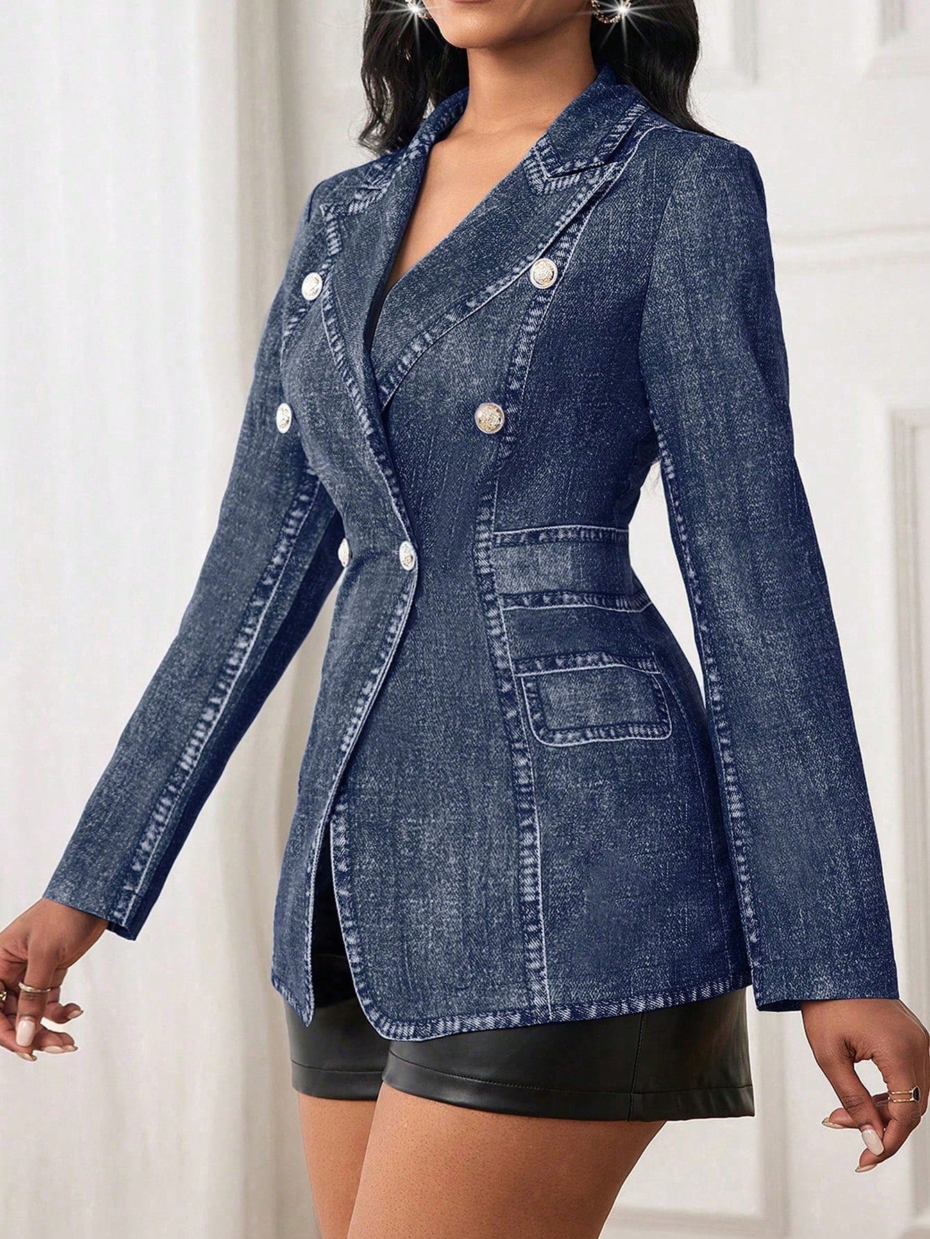 Chic Double-Breasted Blazer with Gun Collar & Adjustable Waist Drawstring