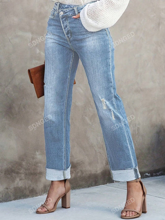 Chic Asymmetrical Waist Straight Pants with Pockets – Effortless Casual Style for Women