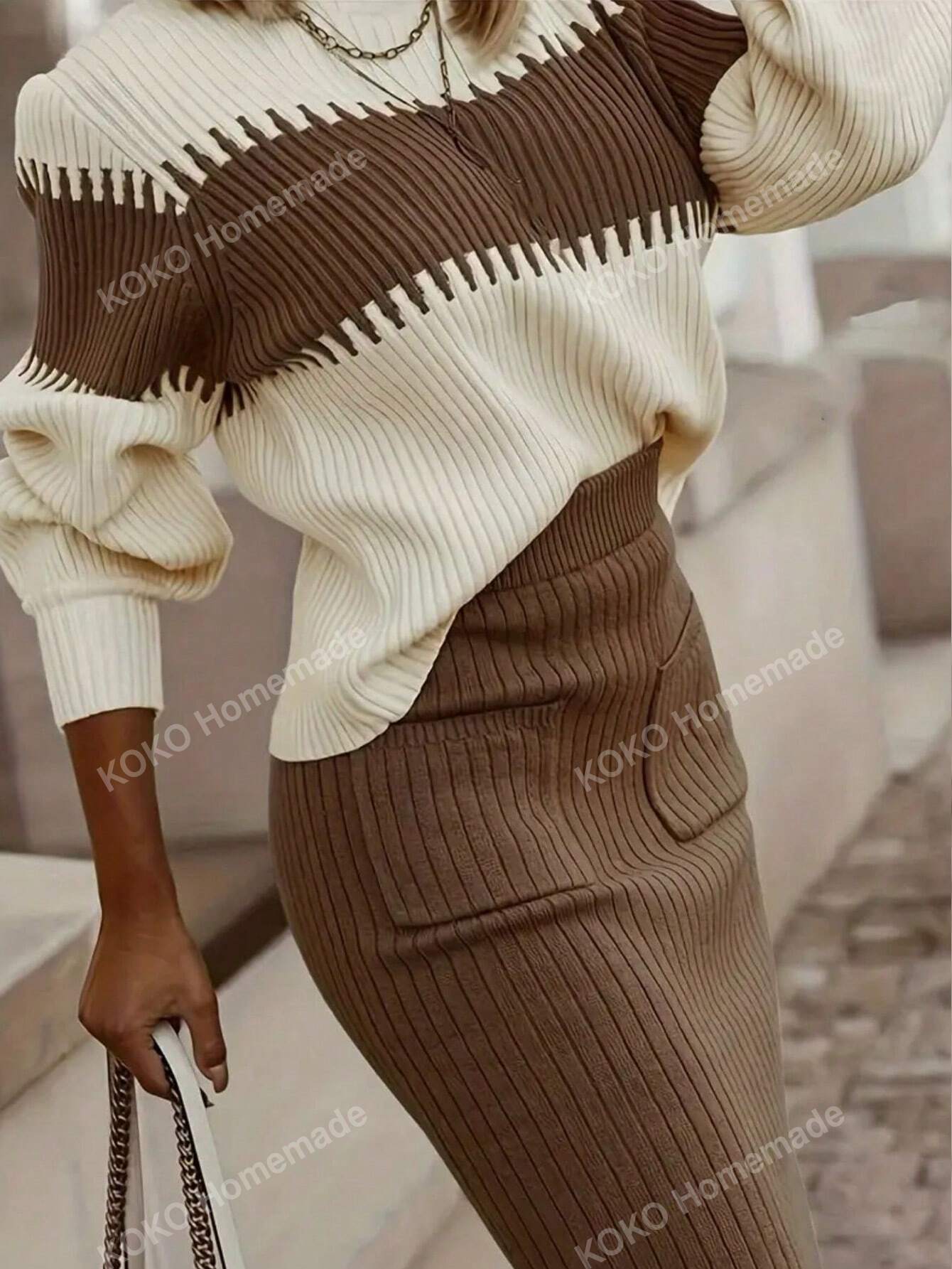 Chic Autumn/Winter Colorblock Sweater & A-Line Skirt Set for Effortless Elegance