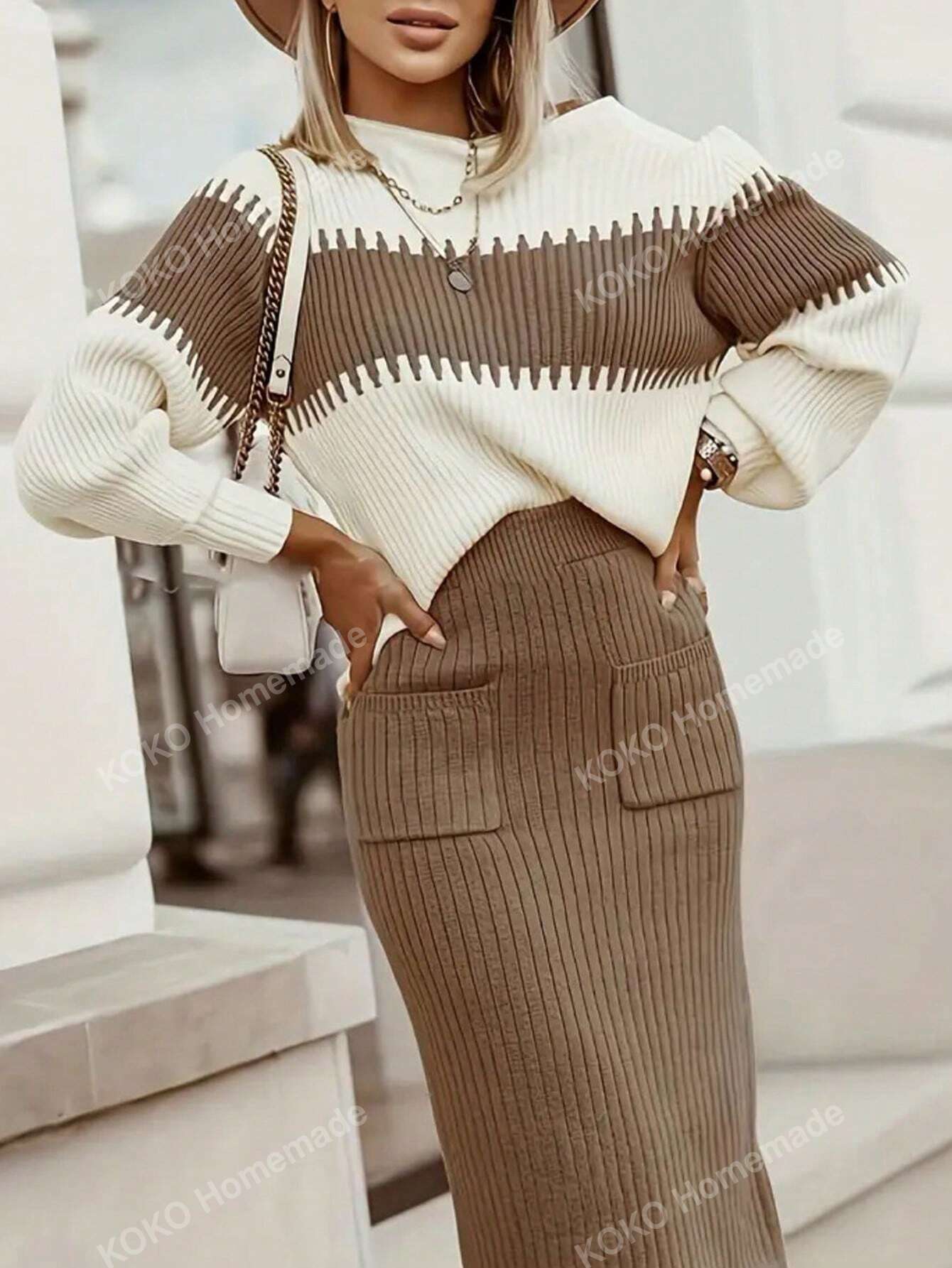 Chic Autumn/Winter Colorblock Sweater & A-Line Skirt Set for Effortless Elegance