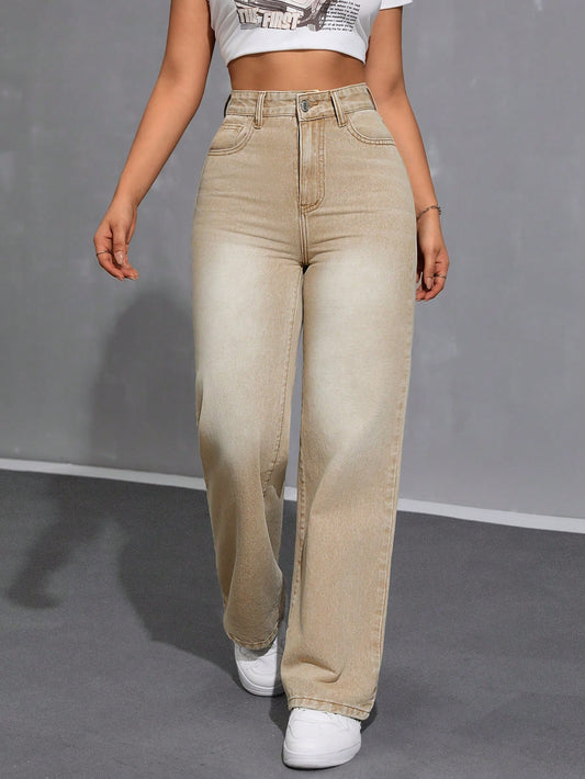 Effortless Style: Women's Loose Fit Straight Leg Denim Pants with Pockets