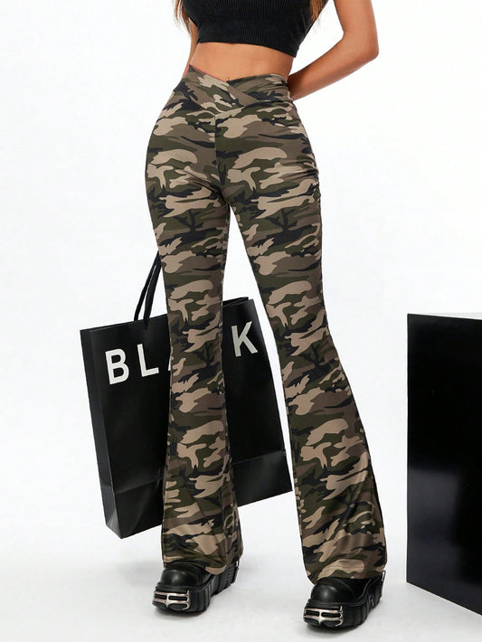 Trendy Tween Girls' High-Waist Camo Flare Pants - Casual Comfort Meets Style!