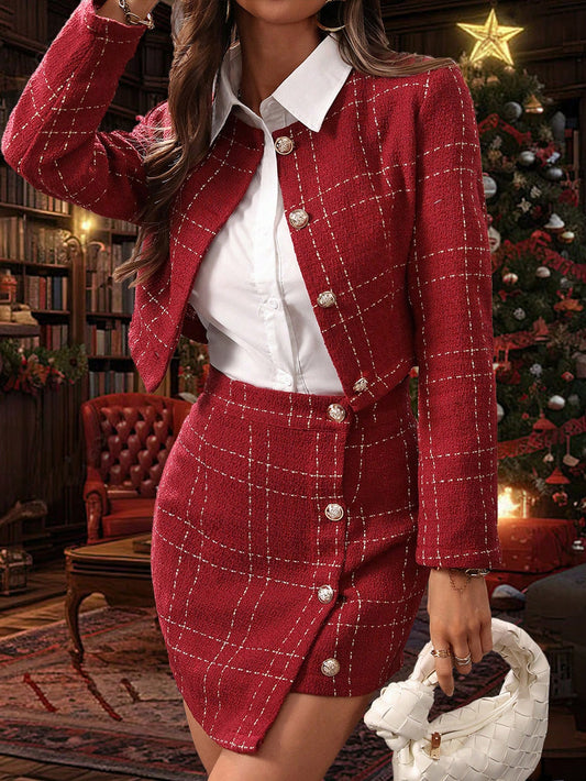 Elegant Red Plaid Tweed Twin Set: Chic Long Sleeve Jacket & Mini Skirt for Festive Style