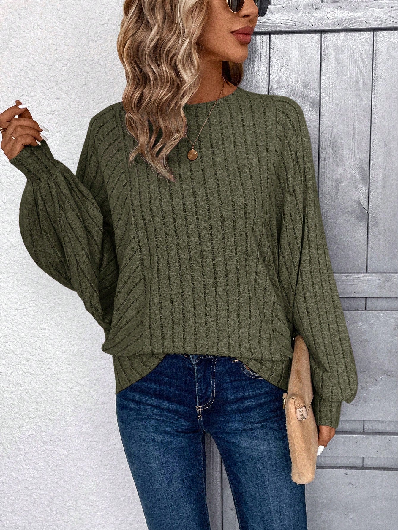 Cozy Chic: LUNE Apricot Loose Rib Knit Long Sleeve Sweatshirt for Women