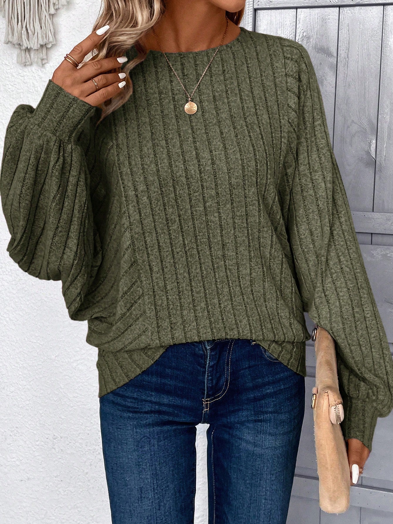 Cozy Chic: LUNE Apricot Loose Rib Knit Long Sleeve Sweatshirt for Women