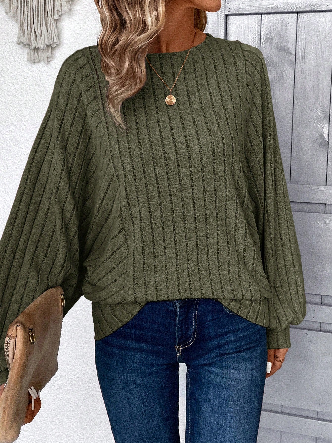 Cozy Chic: LUNE Apricot Loose Rib Knit Long Sleeve Sweatshirt for Women