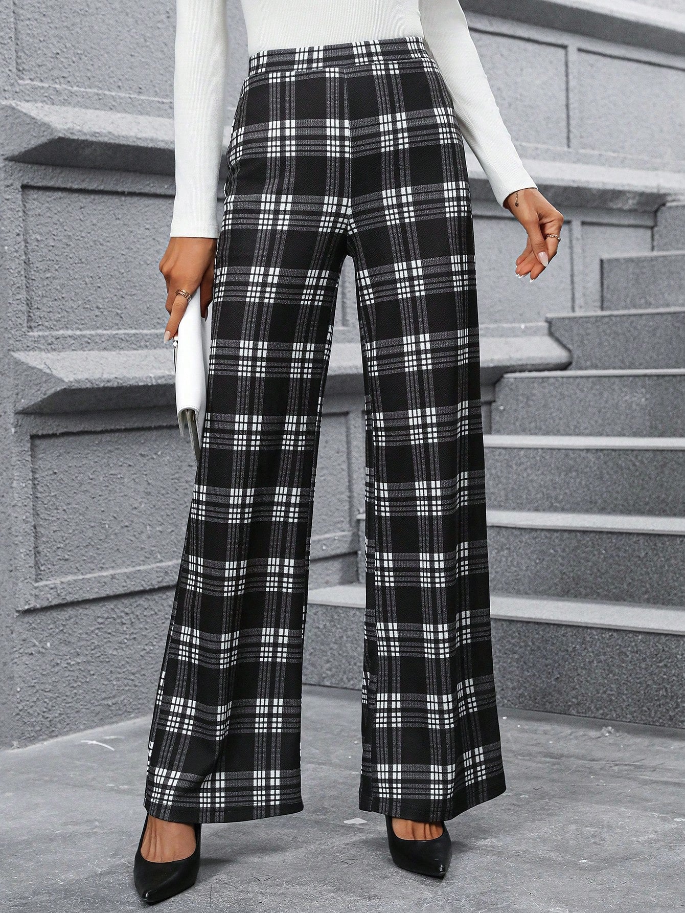 Classic Black & White Plaid Straight Leg Pants for Versatile Fall Style