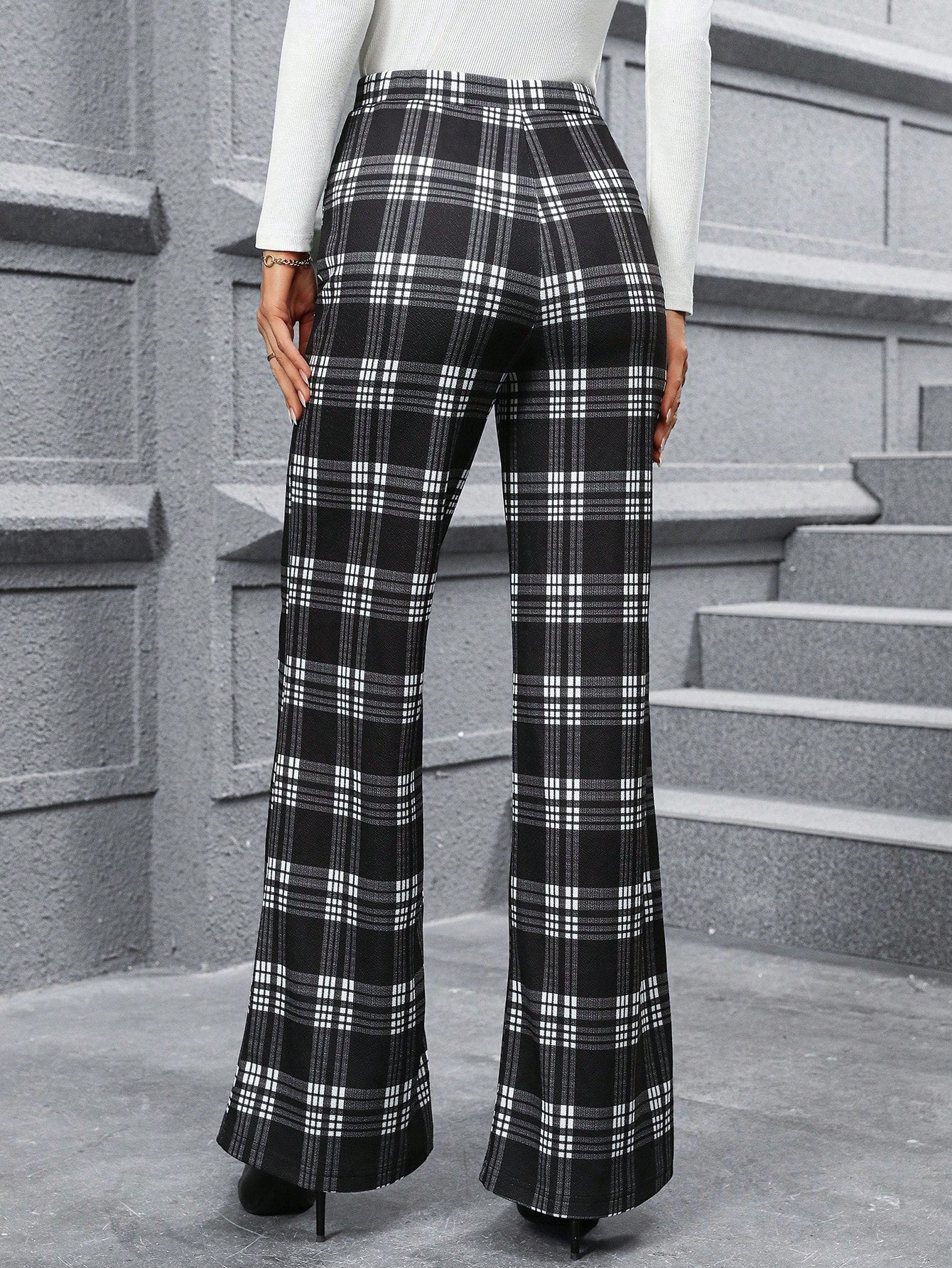 Classic Black & White Plaid Straight Leg Pants for Versatile Fall Style