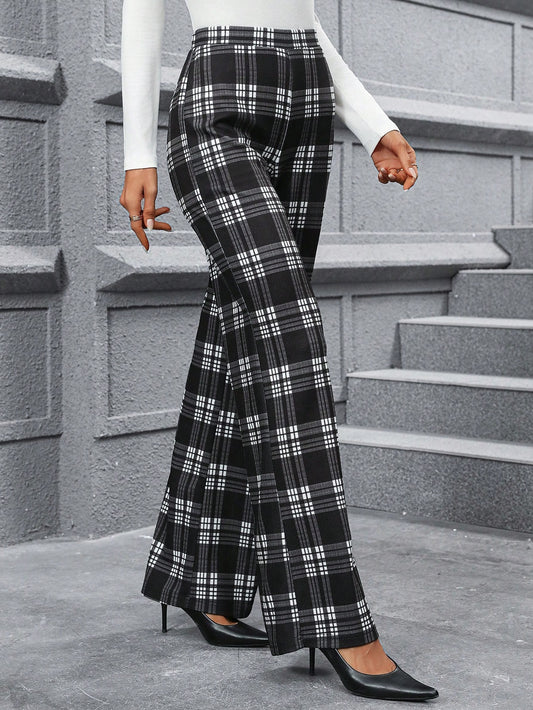 Classic Black & White Plaid Straight Leg Pants for Versatile Fall Style