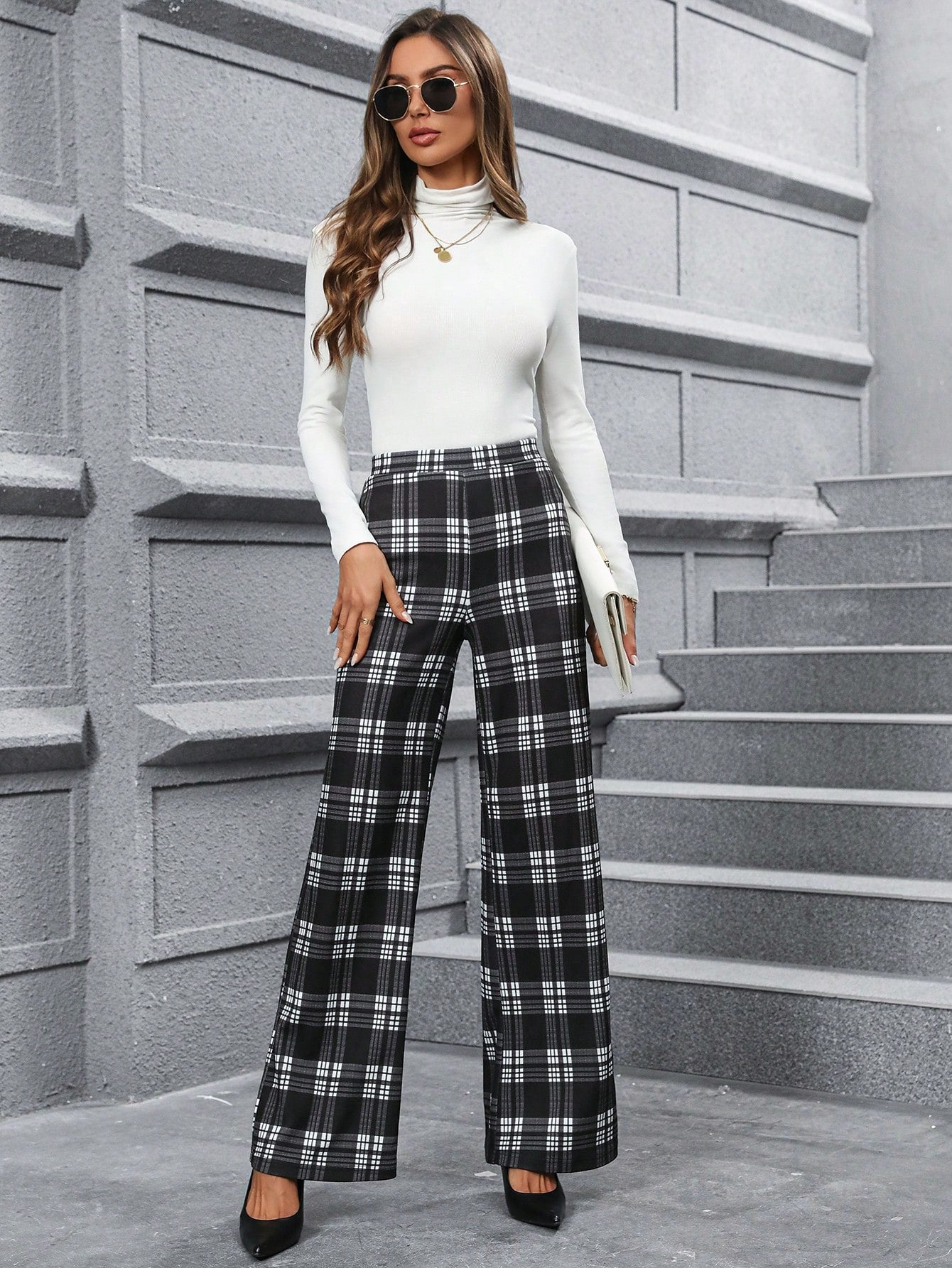 Classic Black & White Plaid Straight Leg Pants for Versatile Fall Style