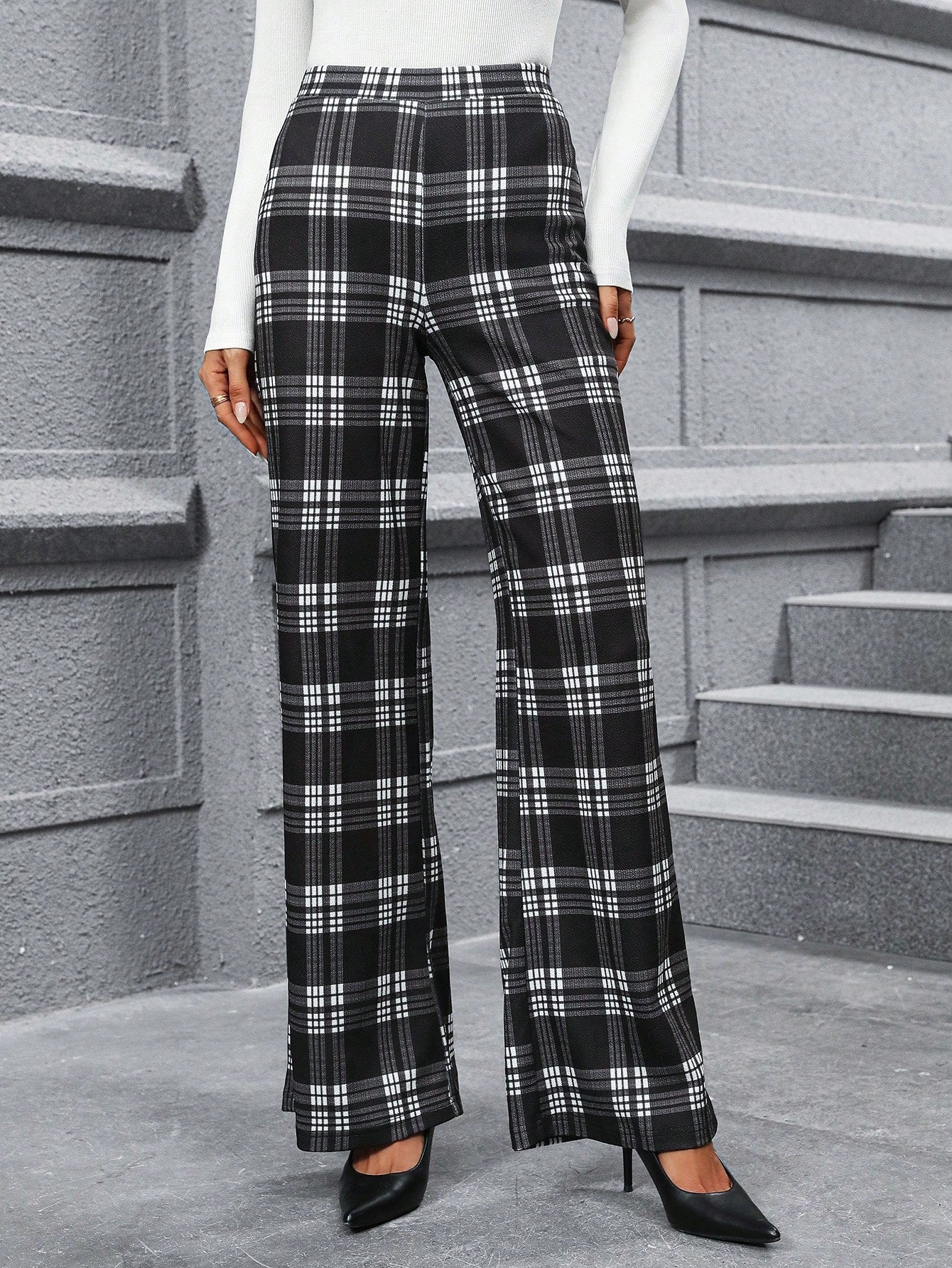 Classic Black & White Plaid Straight Leg Pants for Versatile Fall Style