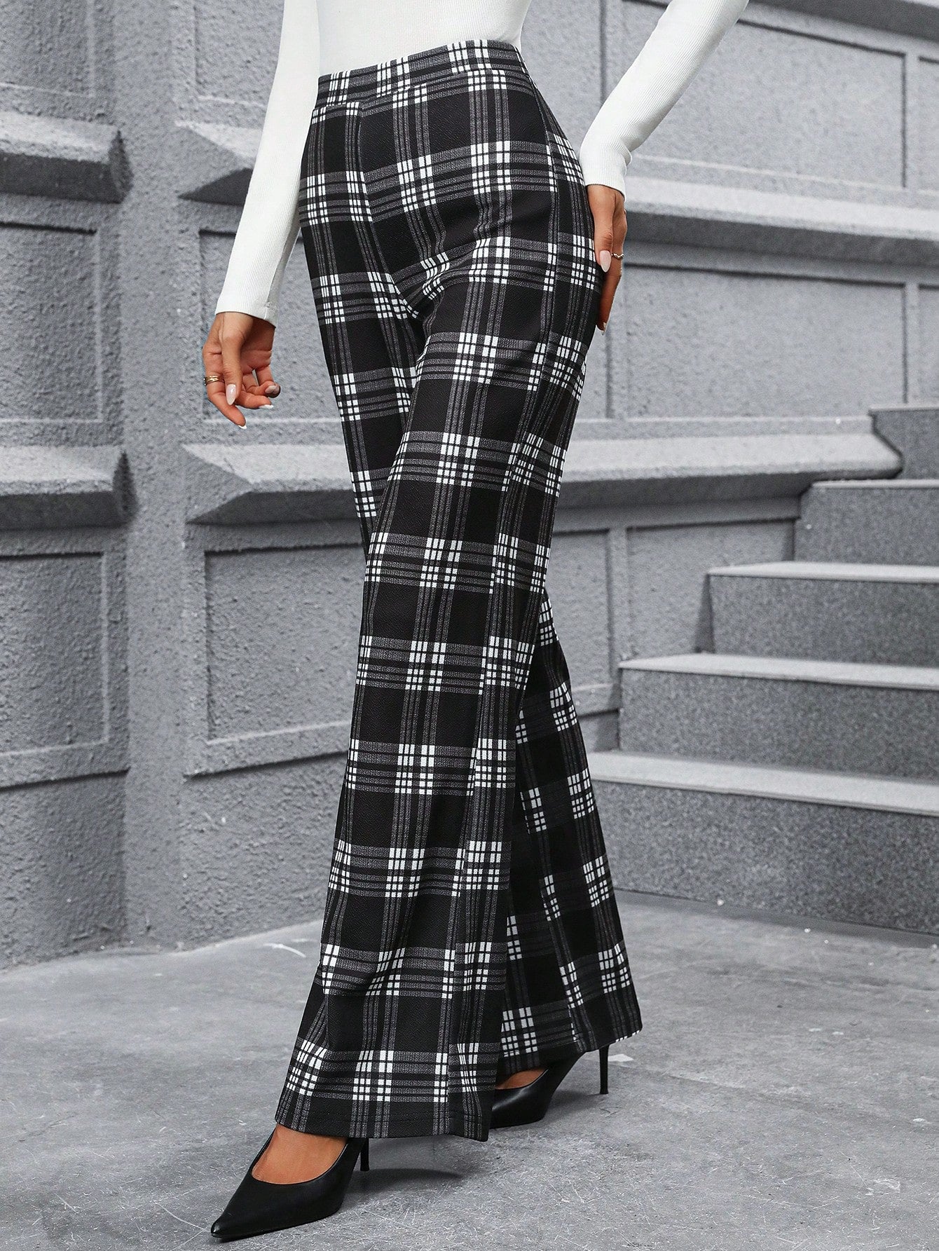 Classic Black & White Plaid Straight Leg Pants for Versatile Fall Style