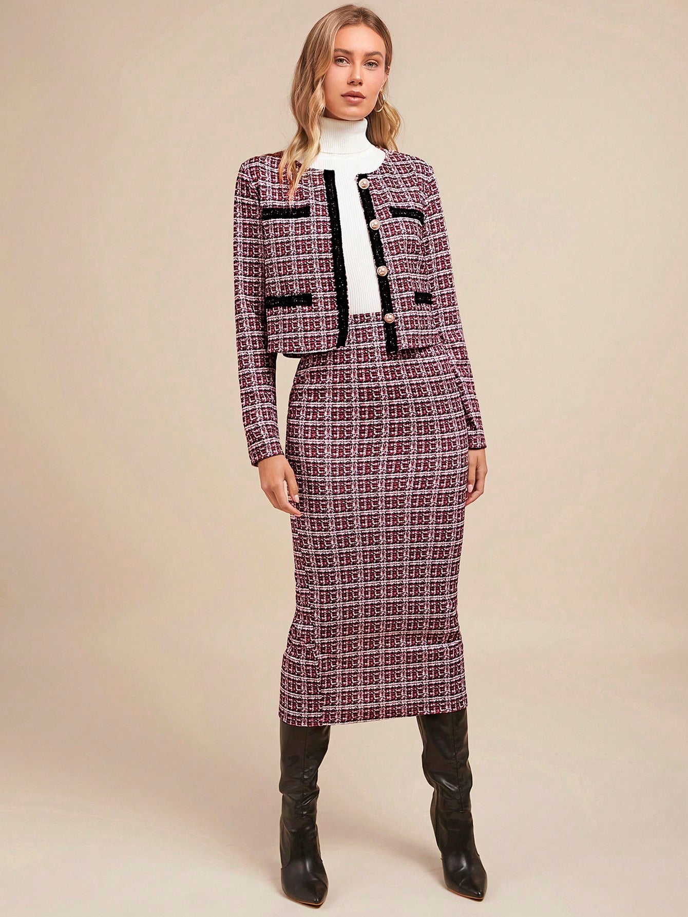 Chic Elegance: Amorya Women's Autumn Winter Two-Piece Imitation Tweed Suit