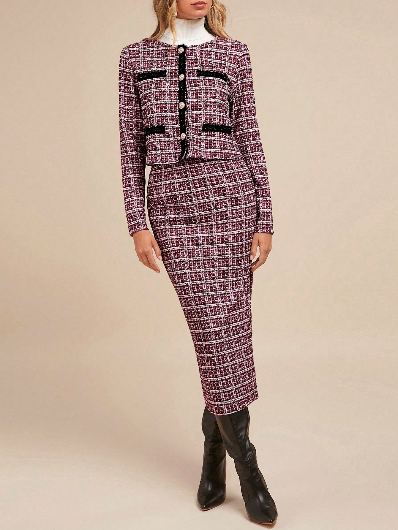 Chic Elegance: Amorya Women's Autumn Winter Two-Piece Imitation Tweed Suit