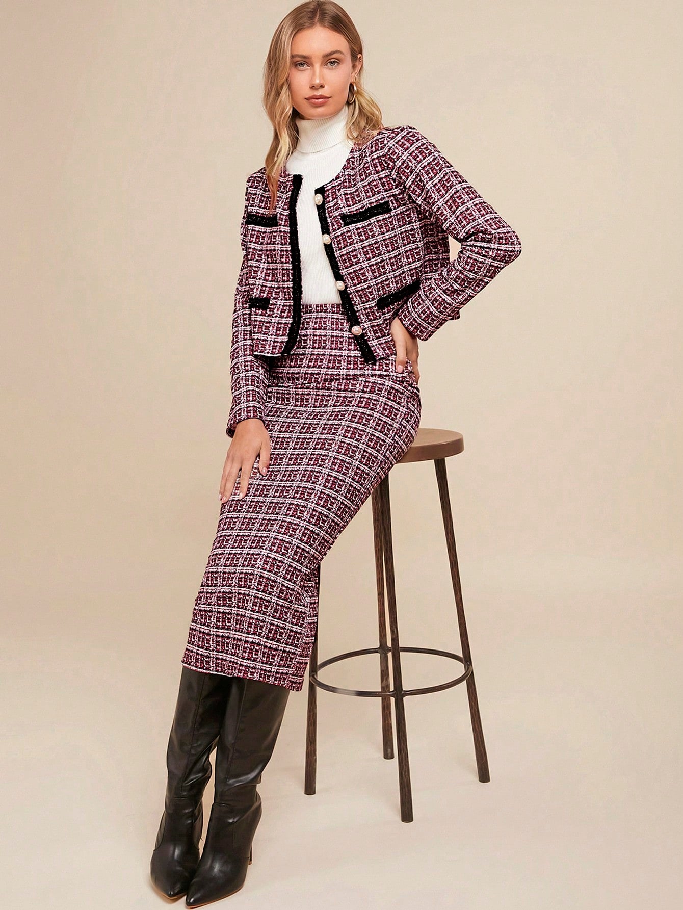 Chic Elegance: Amorya Women's Autumn Winter Two-Piece Imitation Tweed Suit