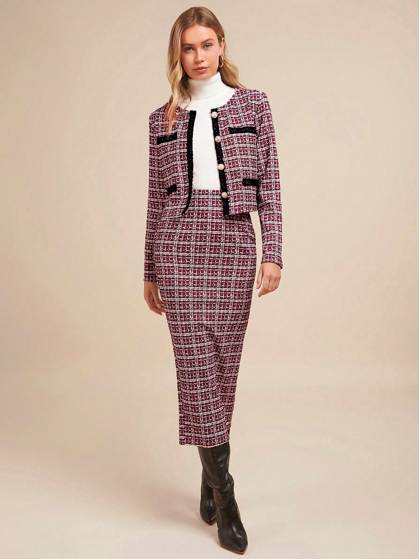 Chic Elegance: Amorya Women's Autumn Winter Two-Piece Imitation Tweed Suit