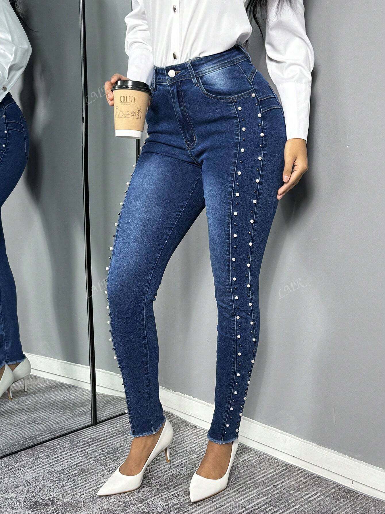 Chic Women’s Denim Pants with Faux Pearl Accents and Stylish Zippered Pockets