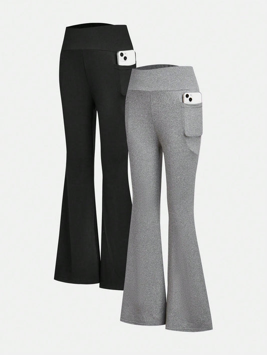 Chic 3-Piece Tween Girls' Sporty Flare Pants Set with Phone Pockets - Versatile Black & Grey Styles!