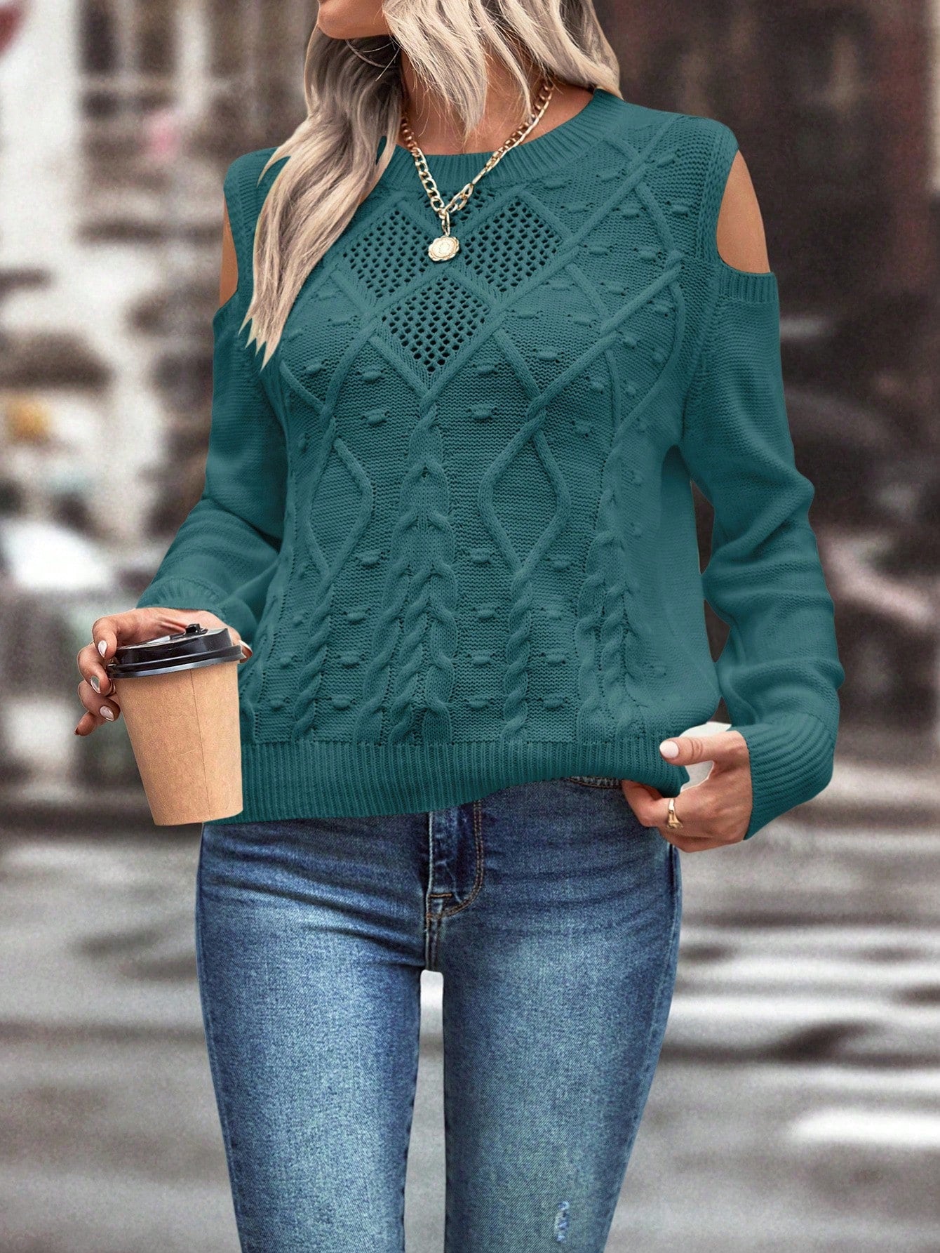 Chic & Cozy: Open Shoulder Long Sleeve Pullover Sweater