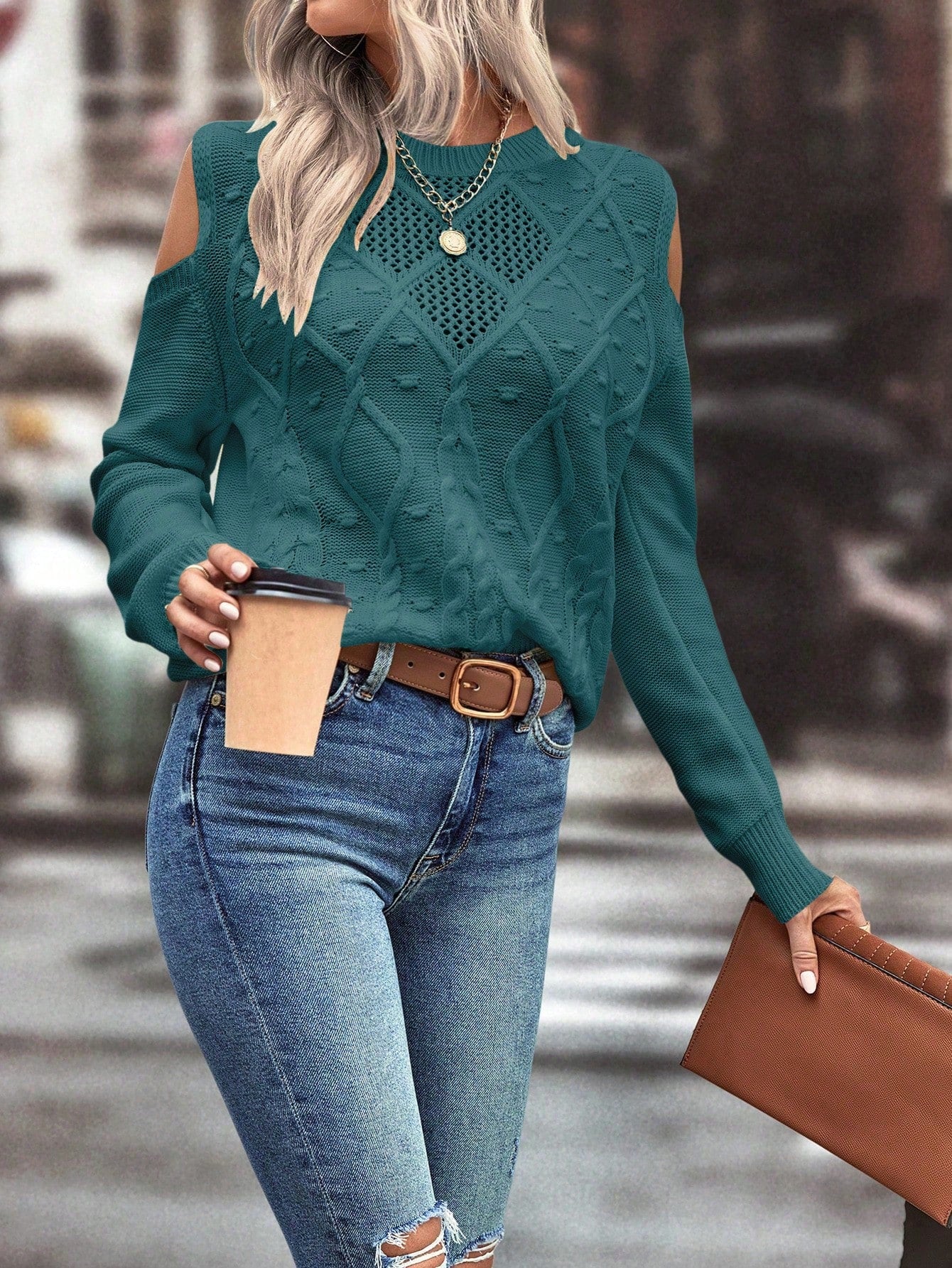 Chic & Cozy: Open Shoulder Long Sleeve Pullover Sweater