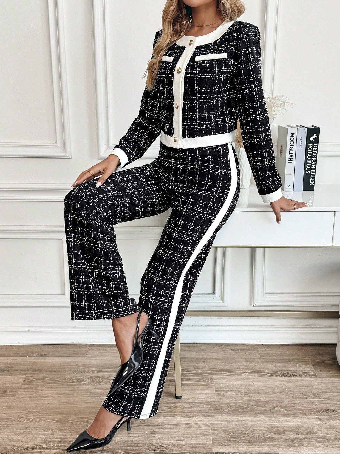 Chic Autumn-Winter Women's 2-Piece Set: Elegant Contrast Trim Button-Front Shirt and Tailored Pants