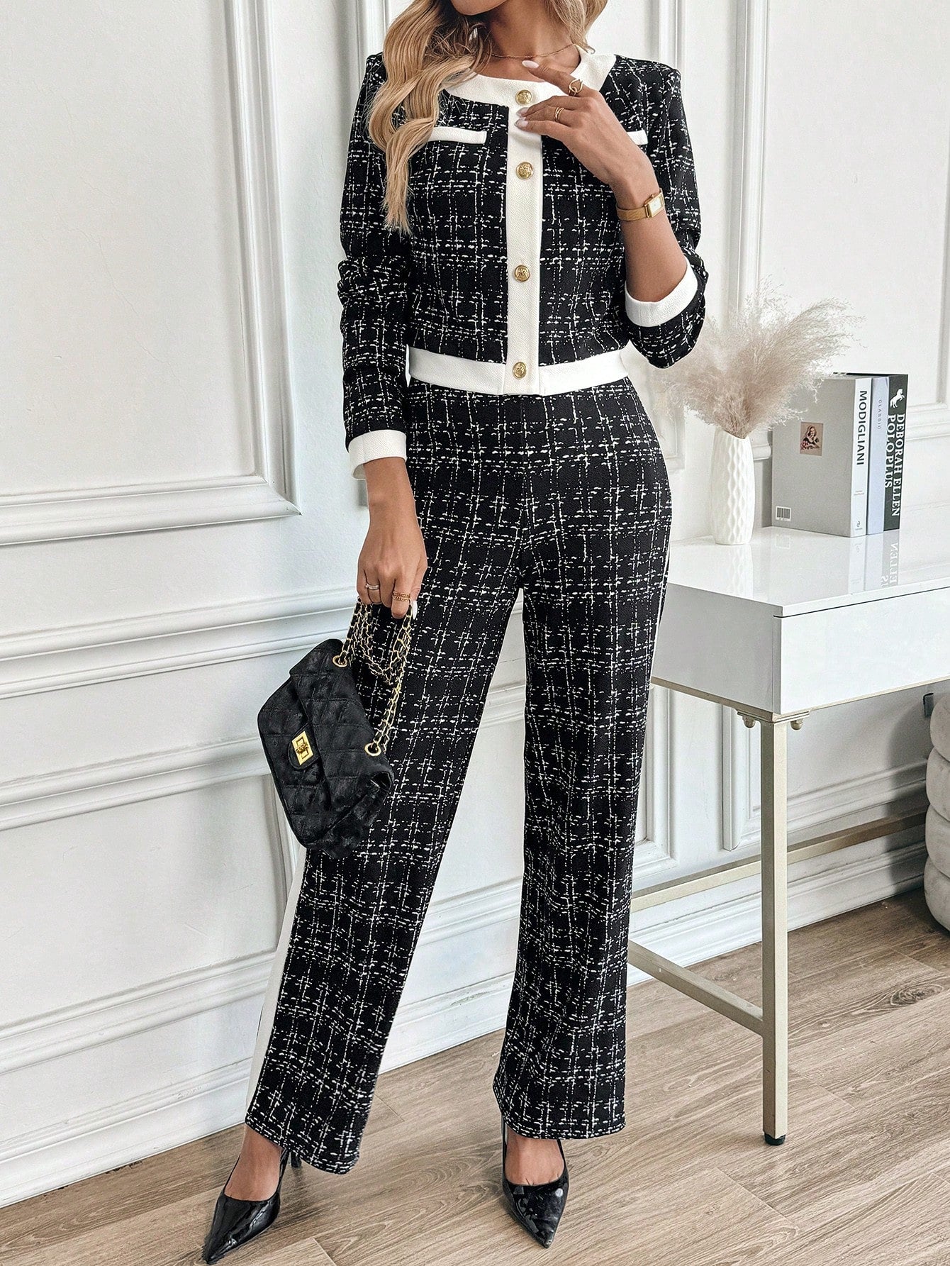 Chic Autumn-Winter Women's 2-Piece Set: Elegant Contrast Trim Button-Front Shirt and Tailored Pants