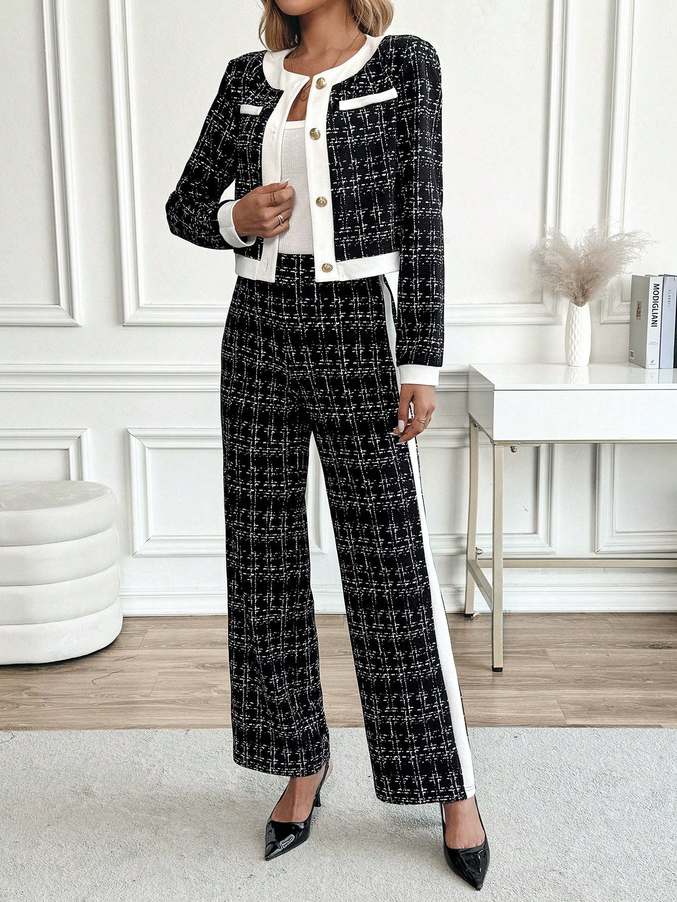 Chic Autumn-Winter Women's 2-Piece Set: Elegant Contrast Trim Button-Front Shirt and Tailored Pants