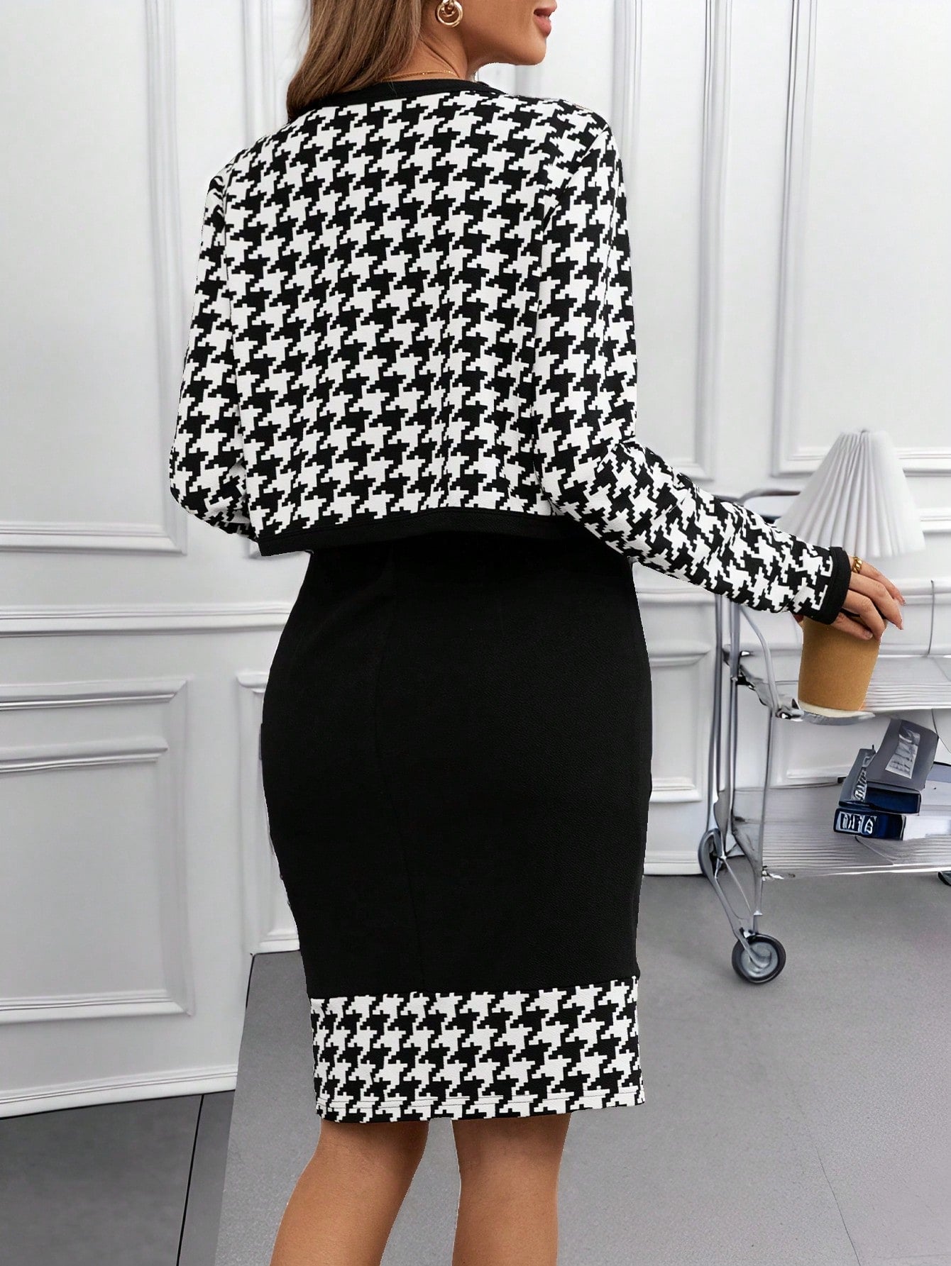 Chic Houndstooth 2-Piece Jacket and Dress Set for Elegant Winter Outings