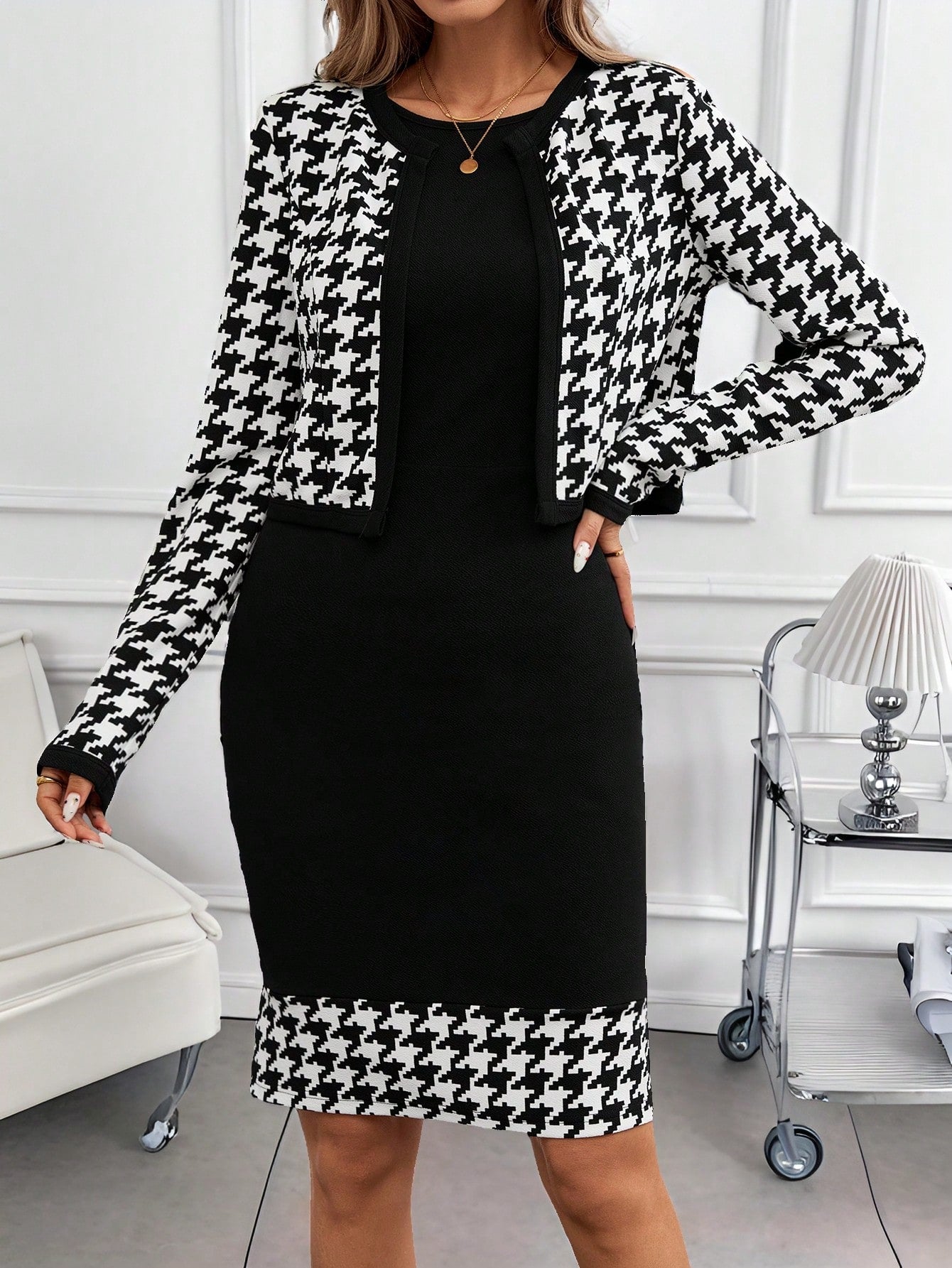 Chic Houndstooth 2-Piece Jacket and Dress Set for Elegant Winter Outings