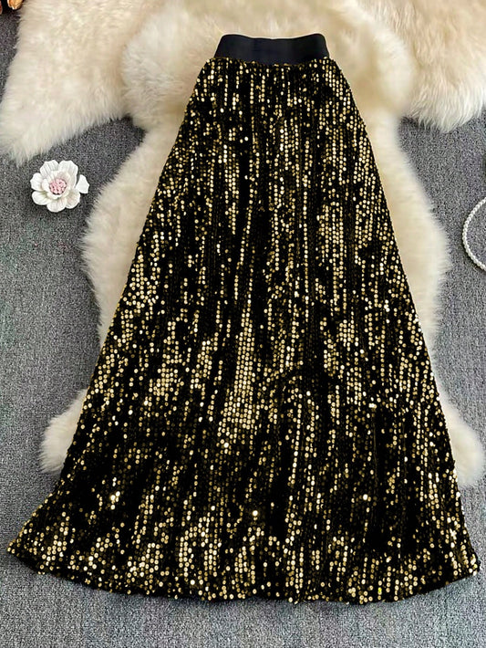 Plus Size Bling Sequin Patchwork Long Skirt - Perfect for New Year Celebrations!