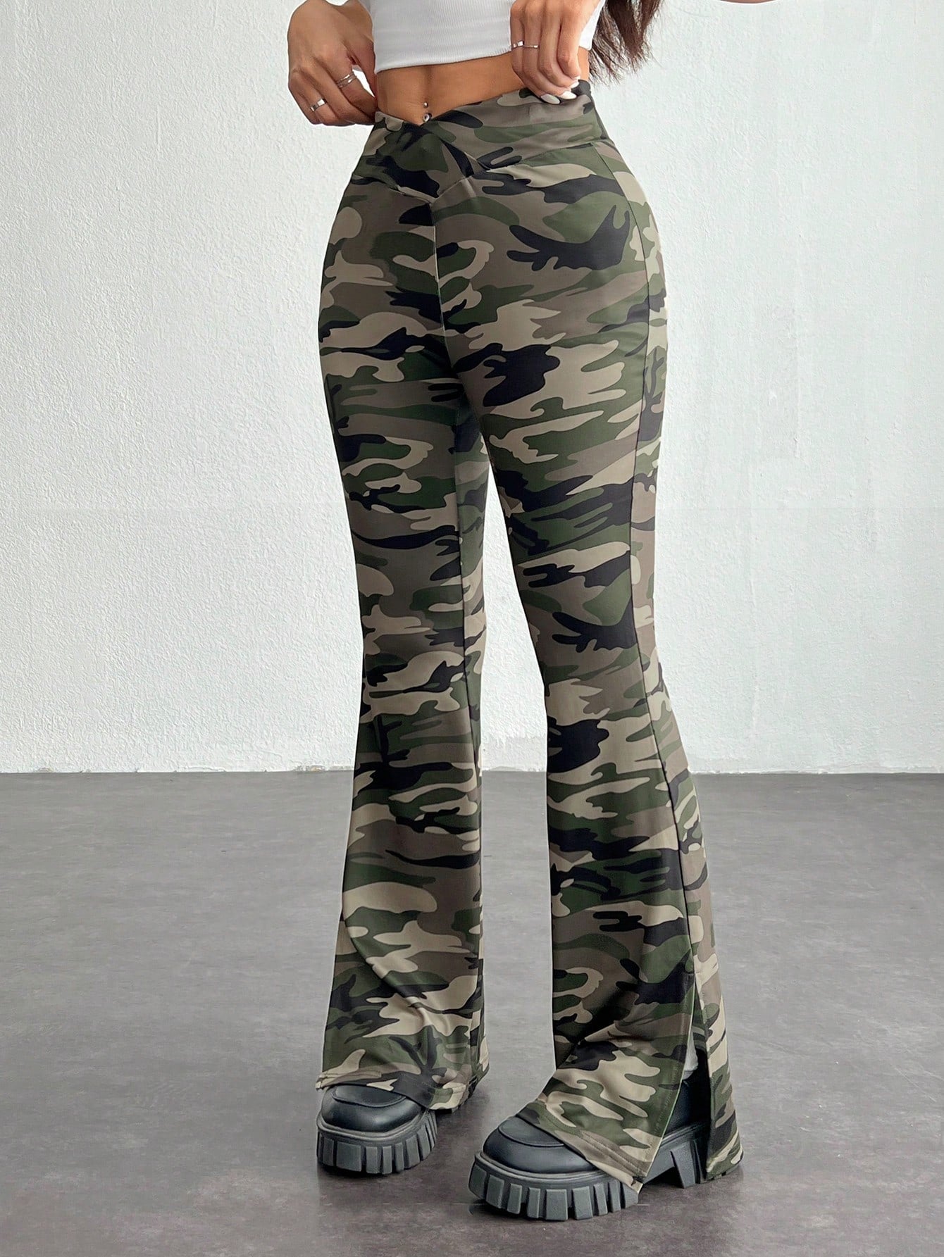 Chic Camouflage Flare Pants for Women: Stylish Split-Cross Design for Autumn & Winter Work Wear