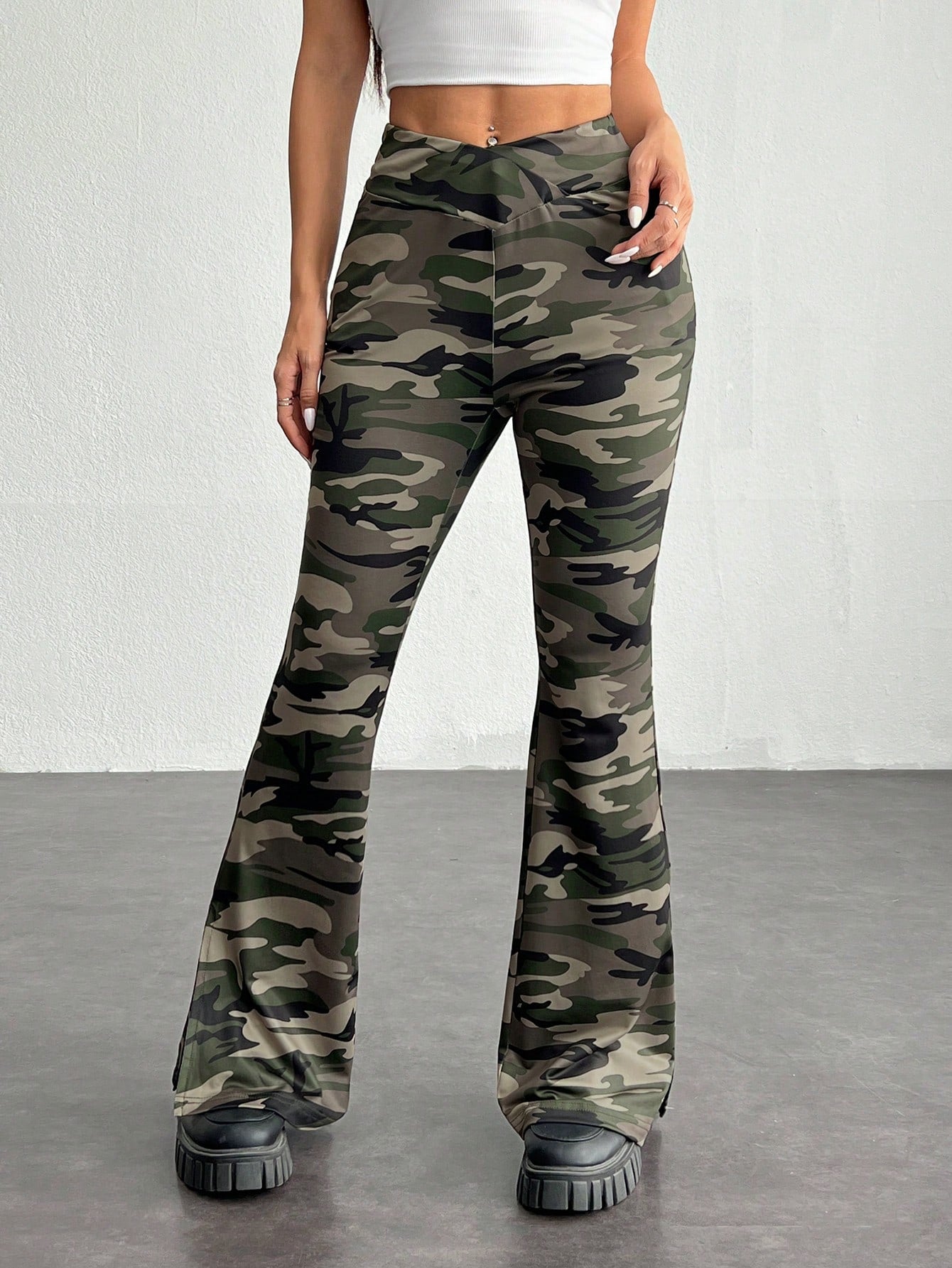 Chic Camouflage Flare Pants for Women: Stylish Split-Cross Design for Autumn & Winter Work Wear