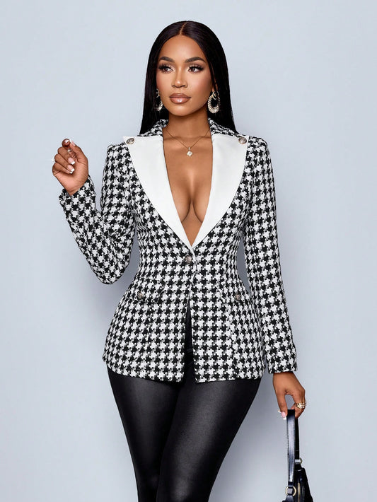 Chic Autumn Elegance: SOLERSUN Women's Contrast Color Checked Tweed Suit Jacket