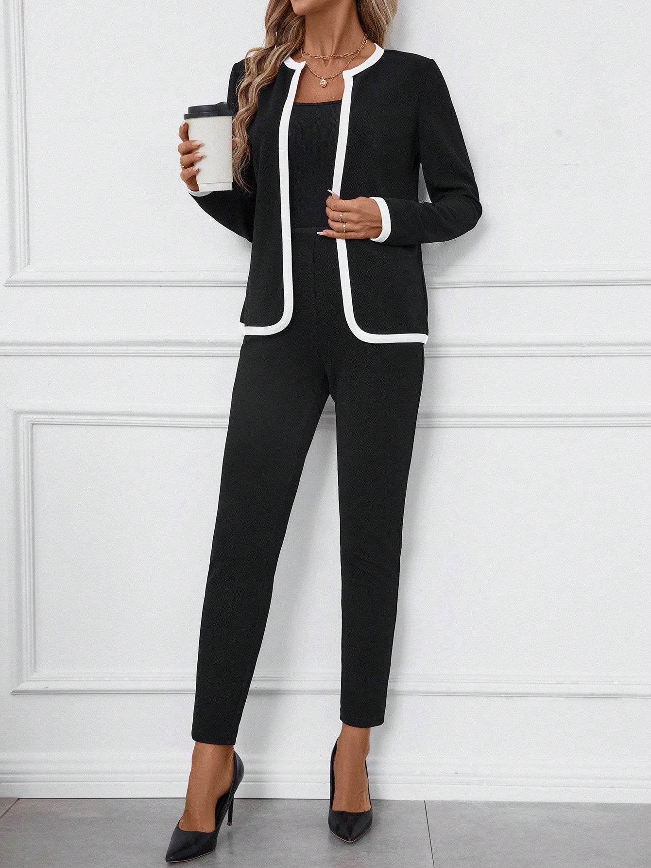 Chic Contrast: Black and White Long Sleeve Cardigan & Pants Office Wear Set for Autumn/Winter