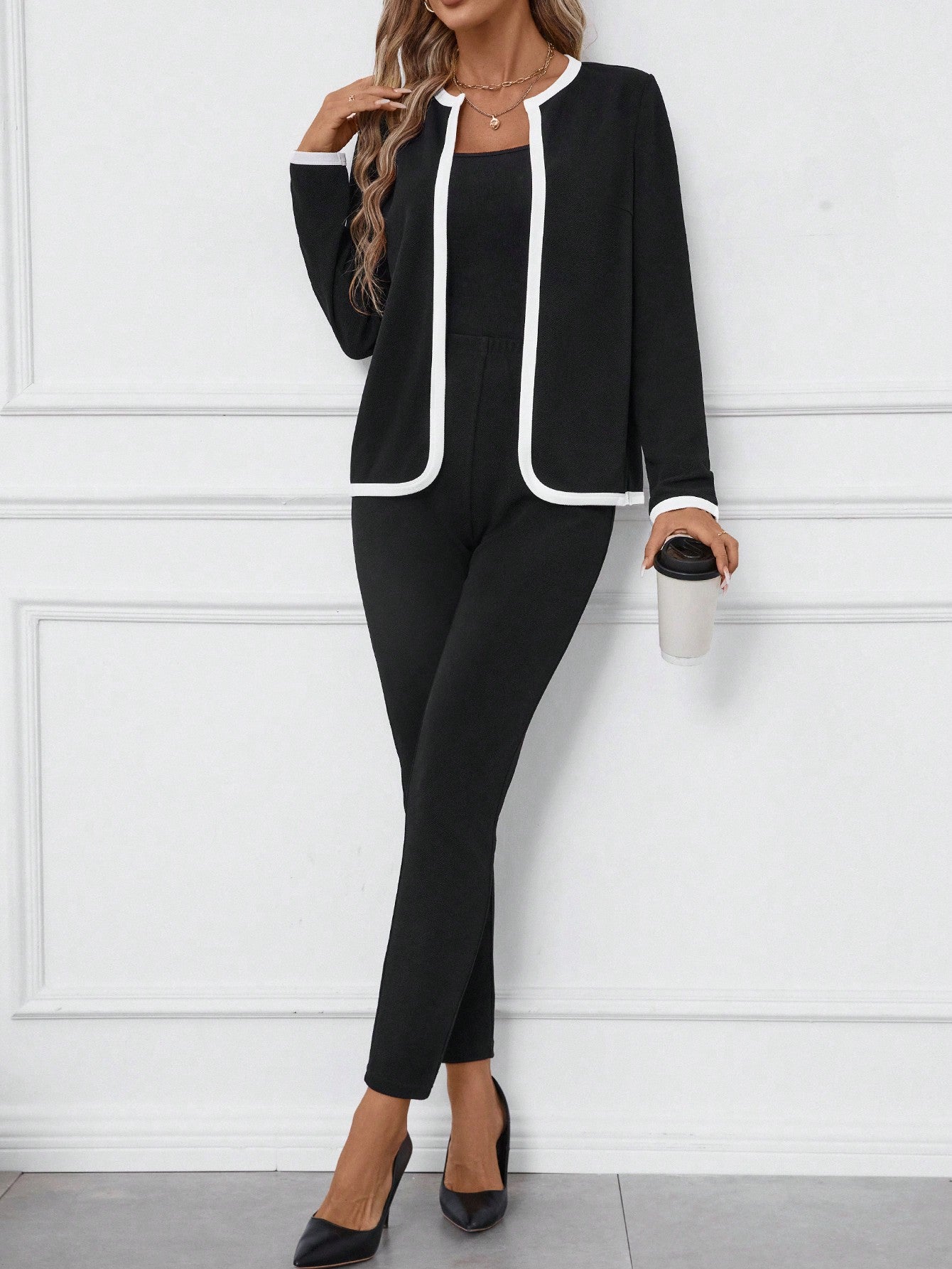 Chic Contrast: Black and White Long Sleeve Cardigan & Pants Office Wear Set for Autumn/Winter