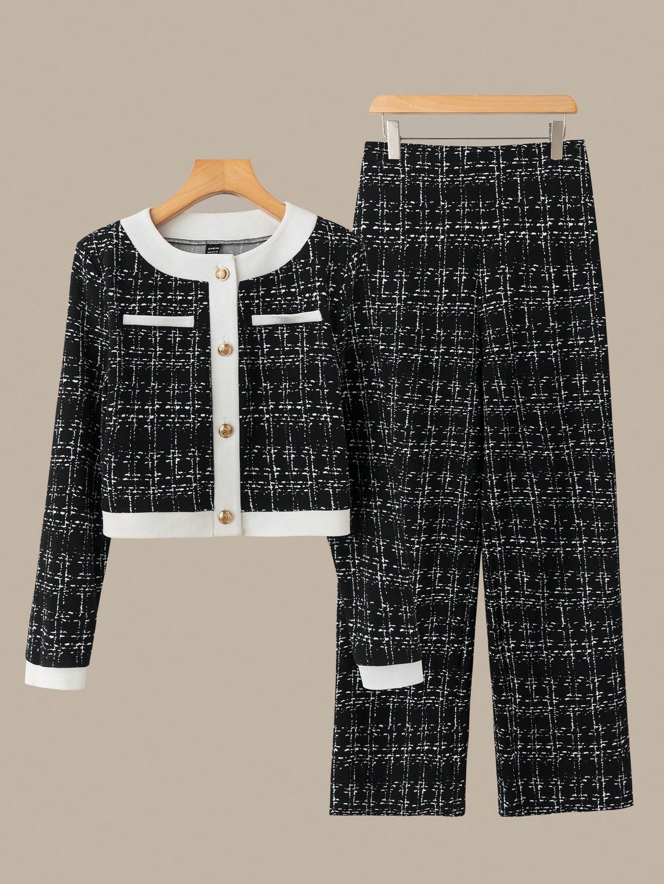 Chic Autumn-Winter Women's 2-Piece Set: Elegant Contrast Trim Button-Front Shirt and Tailored Pants